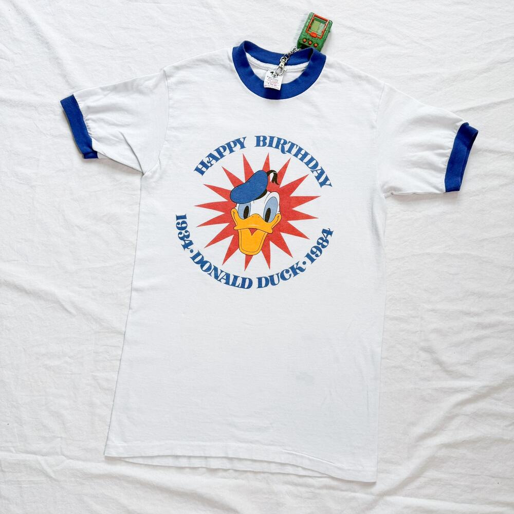 Vtg 80's Donald Duck Disney Birthday Ringer T-Shirt - S